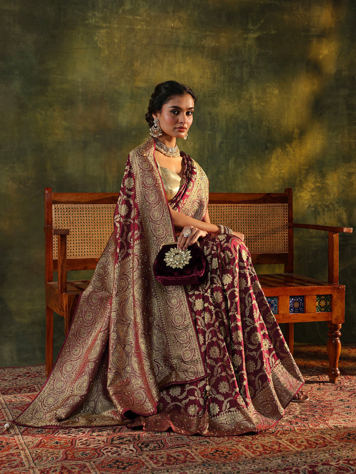 Libas Art Maroon Banarasi Silk Blend Saree With Unstitched Blouse Piece
