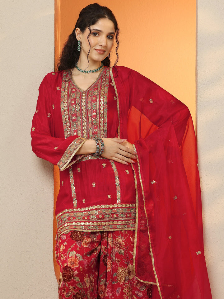 Libas Art Maroon Embroidered Chinon Straight Suit Set With Dupatta