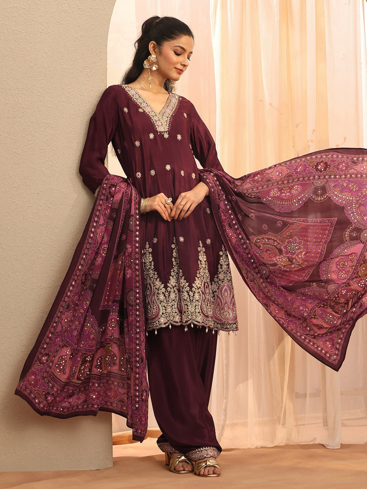 Libas Art Maroon Embroidered Crepe A-Line Suit Set With Dupatta