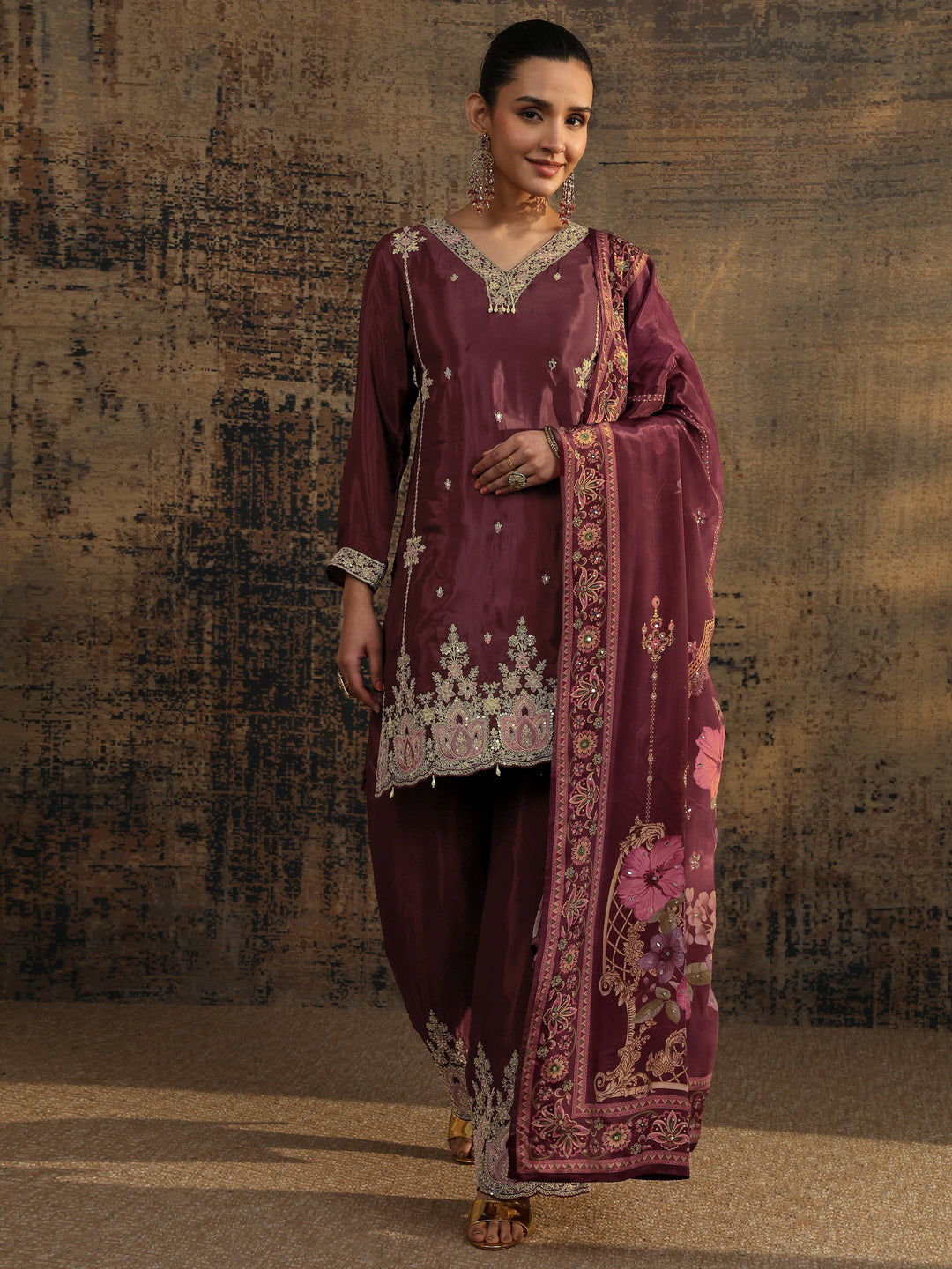 Libas Art Maroon Embroidered Crepe Straight Suit Set With Dupatta