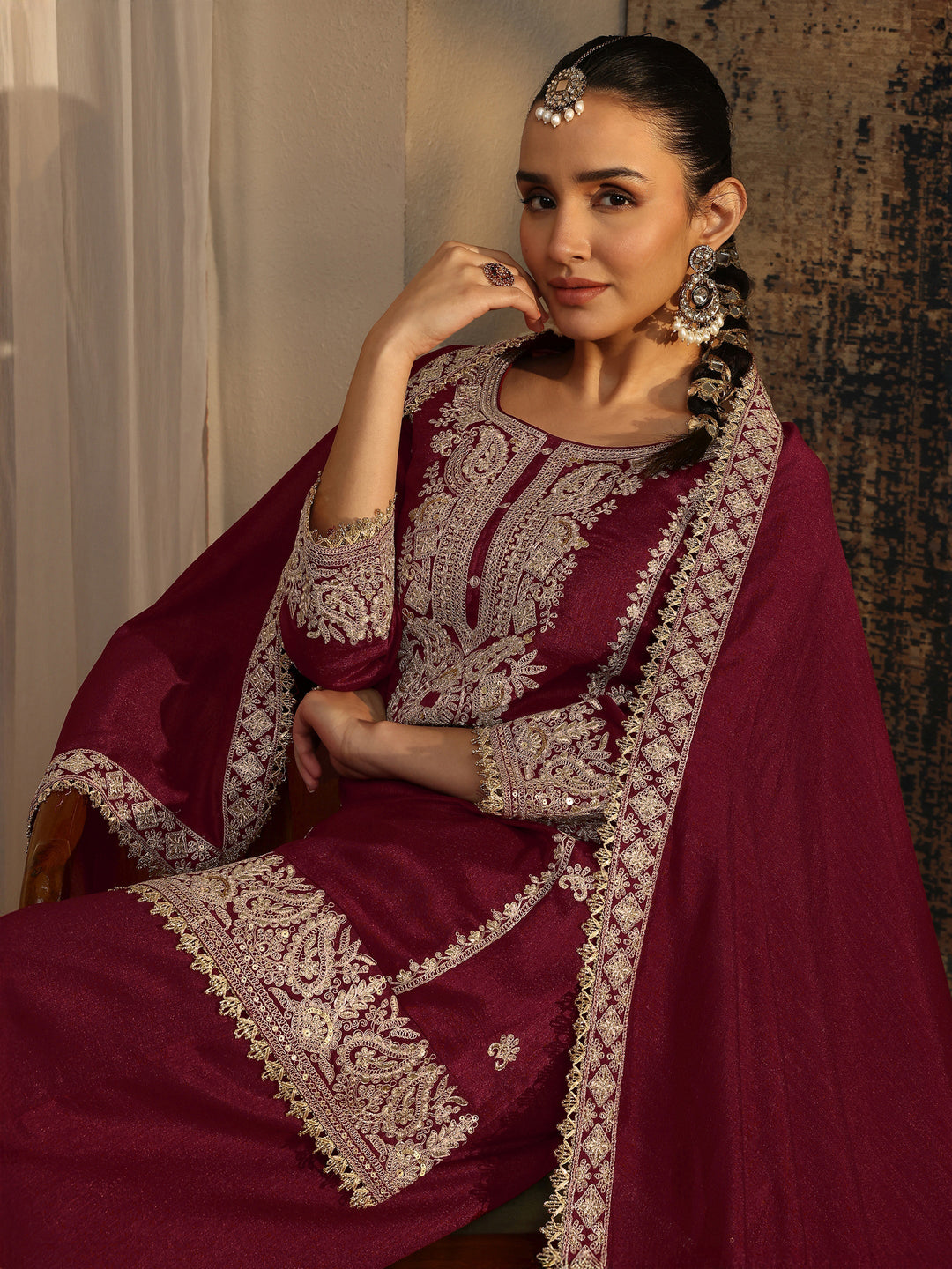 Libas Art Maroon Embroidered Organza Straight Suit Set With Dupatta