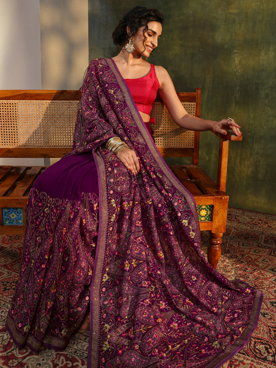 Libas Art Maroon Jamawar Embroidered Georgette Saree With Unstitched Blouse Piece