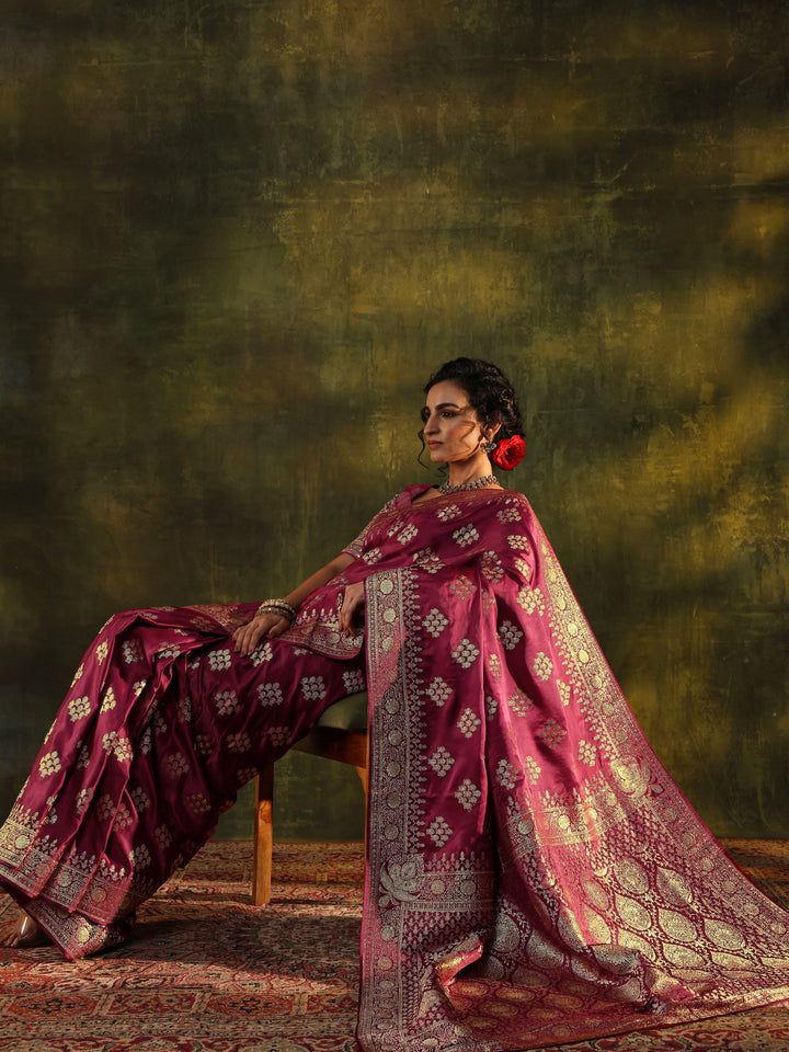 Libas Art Maroon Woven Design Satin Banarasi Saree With Unstitched Blouse Piece