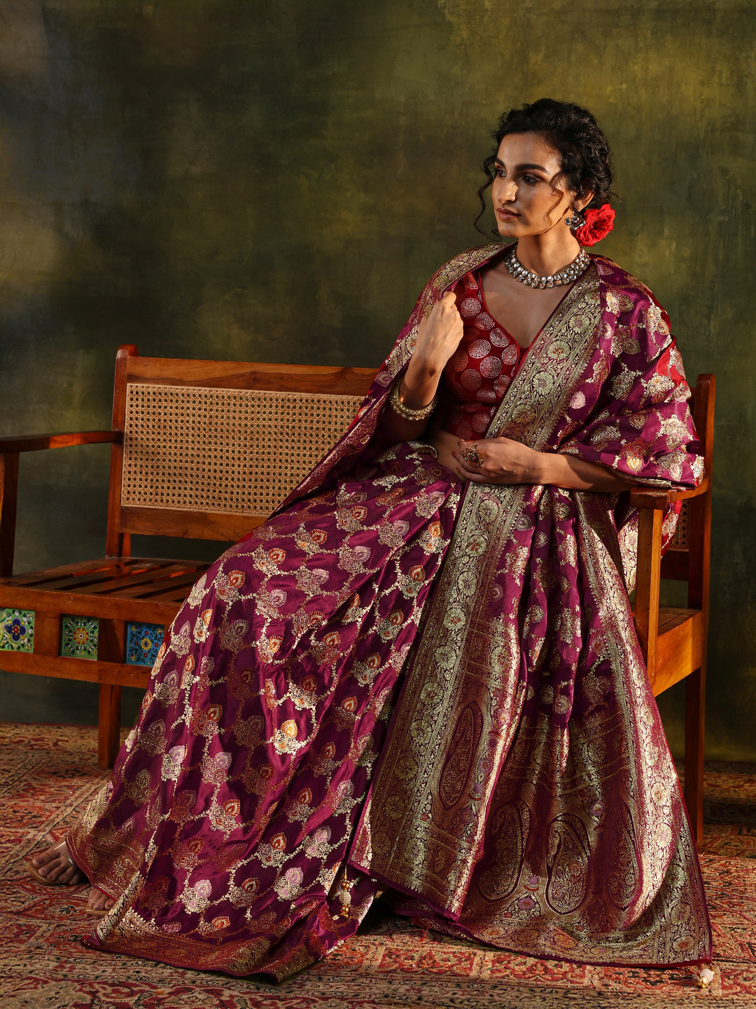 Libas Art Maroon Woven Design Silk Blend Banarasi Saree With Unstitched Blouse Piece