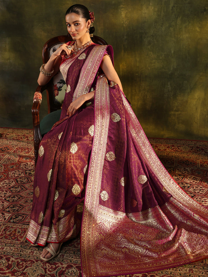 Libas Art Maroon Woven Design Silk Blend Banarasi Saree With Unstitched Blouse Piece