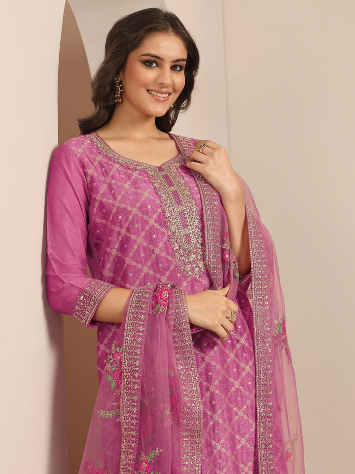 Libas Art Mauve Woven Design Silk Blend Straight Suit Set With Dupatta