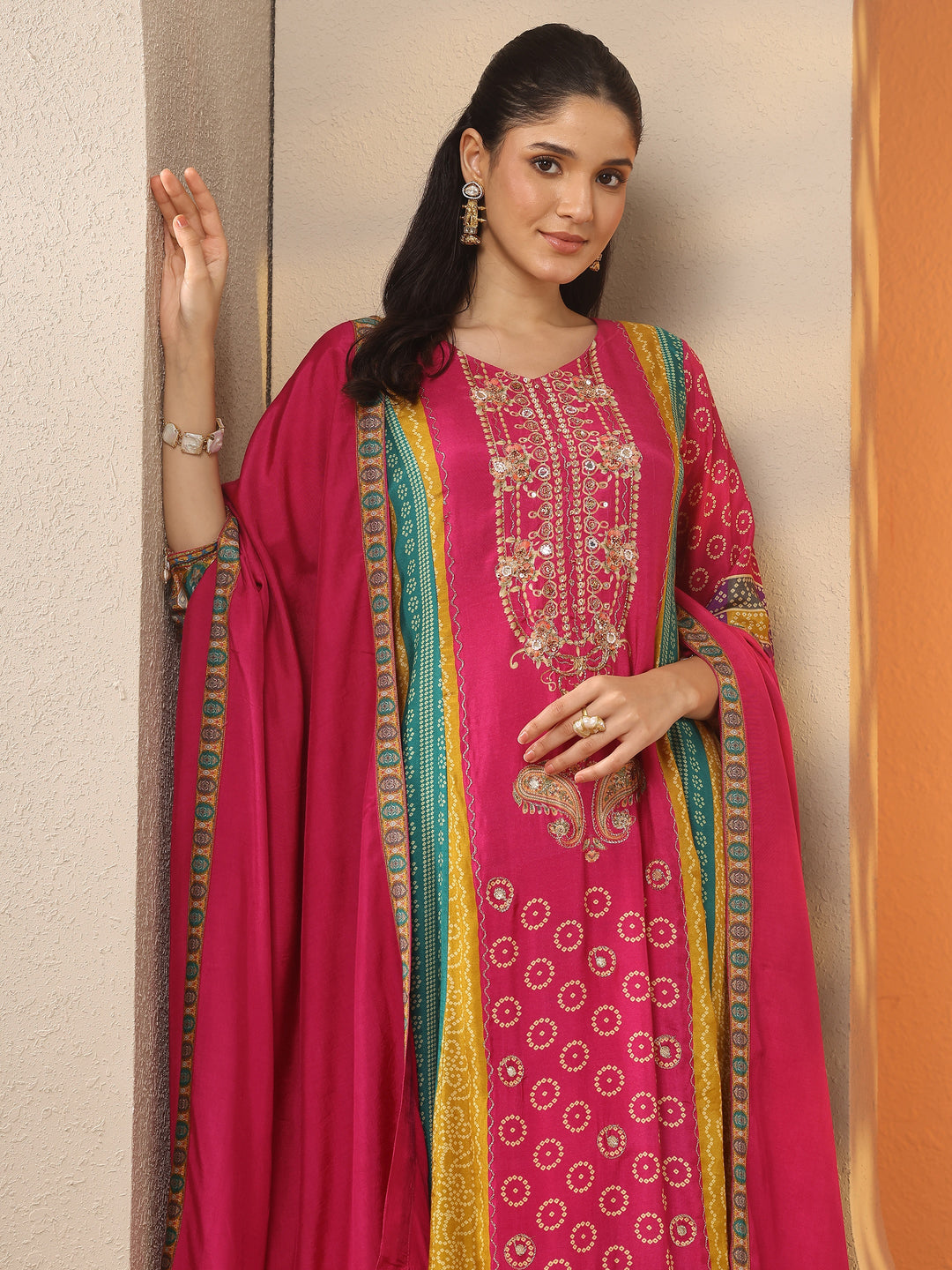 Multi Bandhani Printed A-Line Suit Set With Dupatta