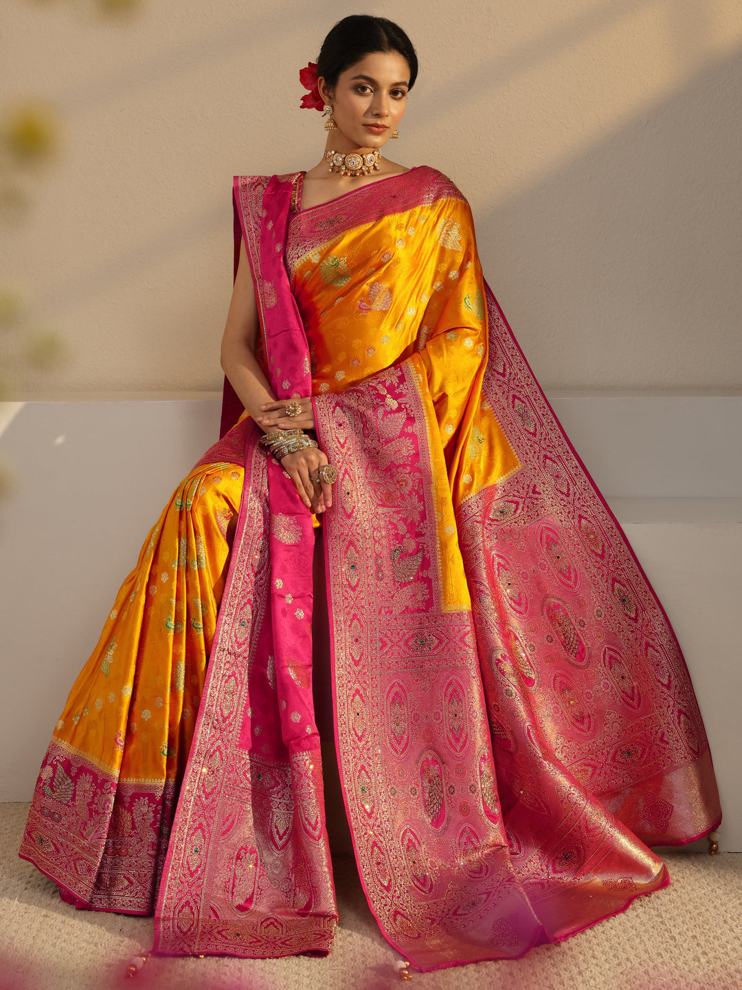 Libas Art Mustard Banarasi Satin Saree With Unstiched Blouse Piece And Dupatta
