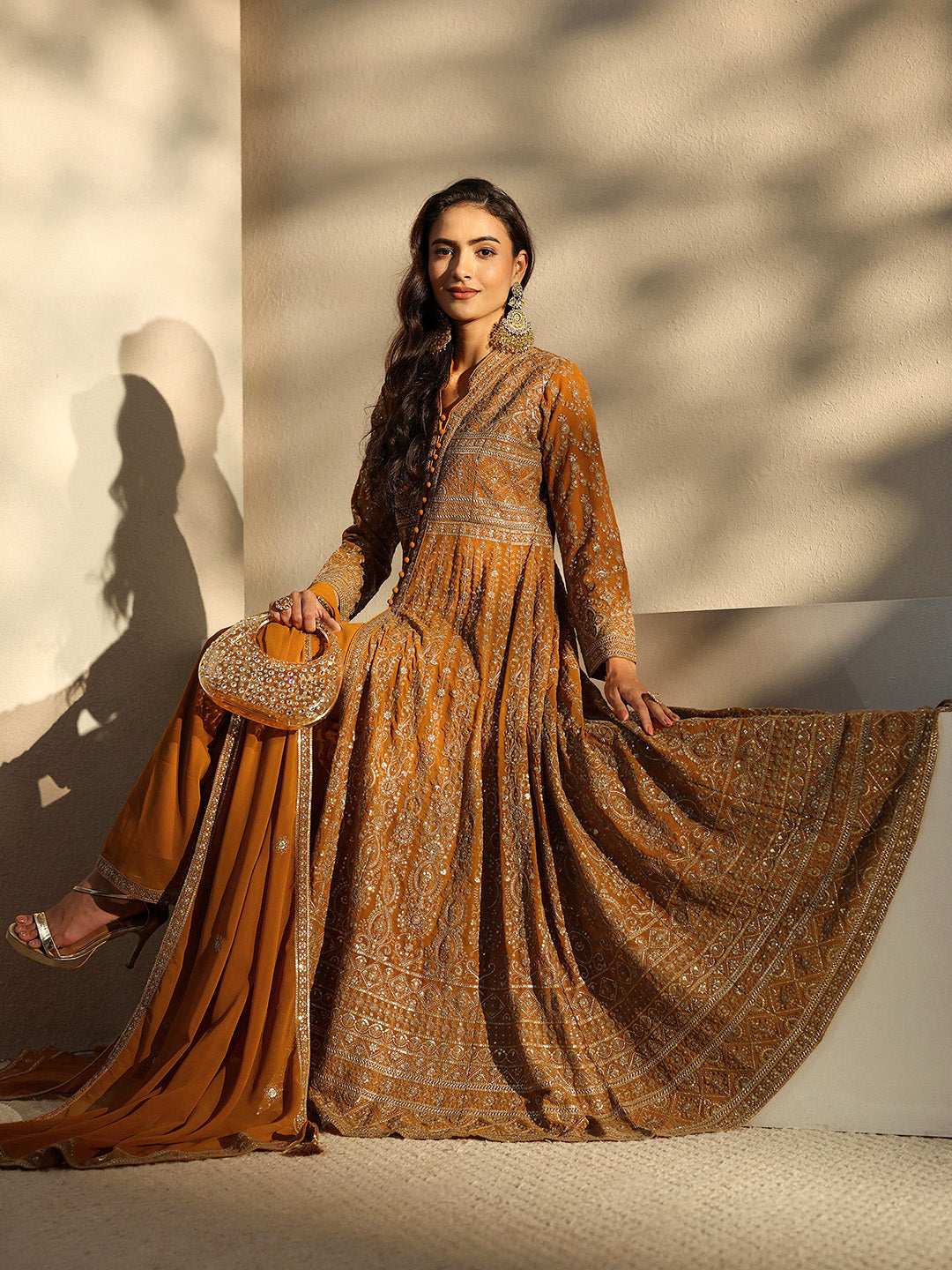 Libas Art Mustard Embellished Georgette A-Line Suit Set With Dupatta
