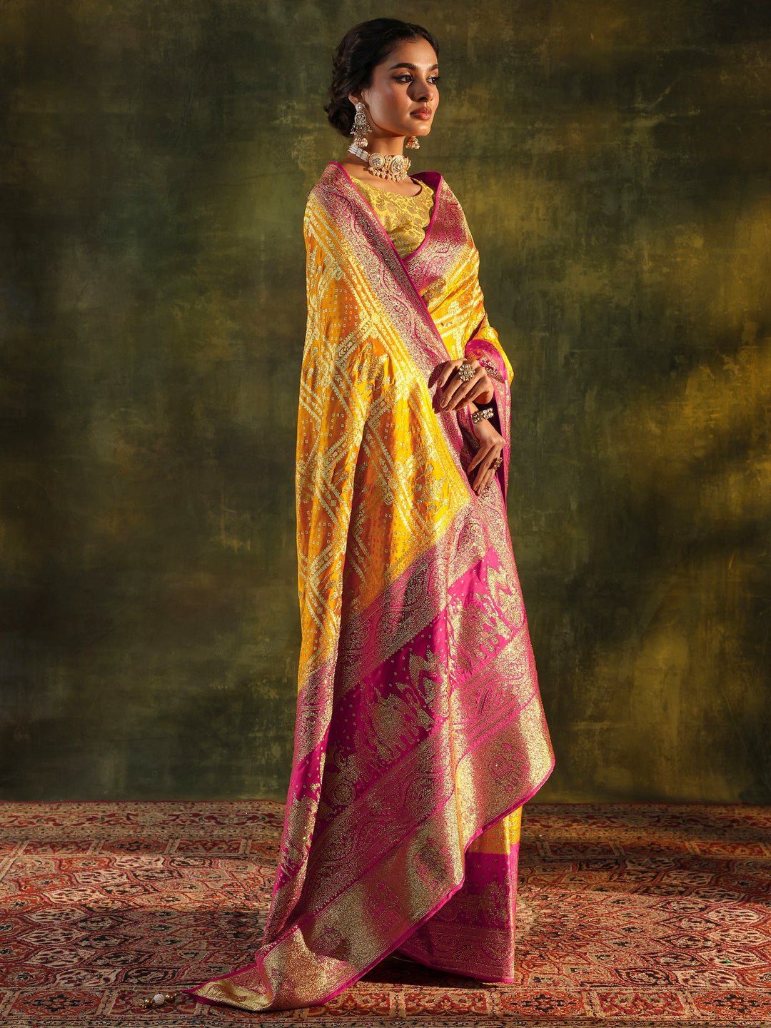 Libas Art Mustard Embellished Satin Saree With Unstitched Blouse Piece