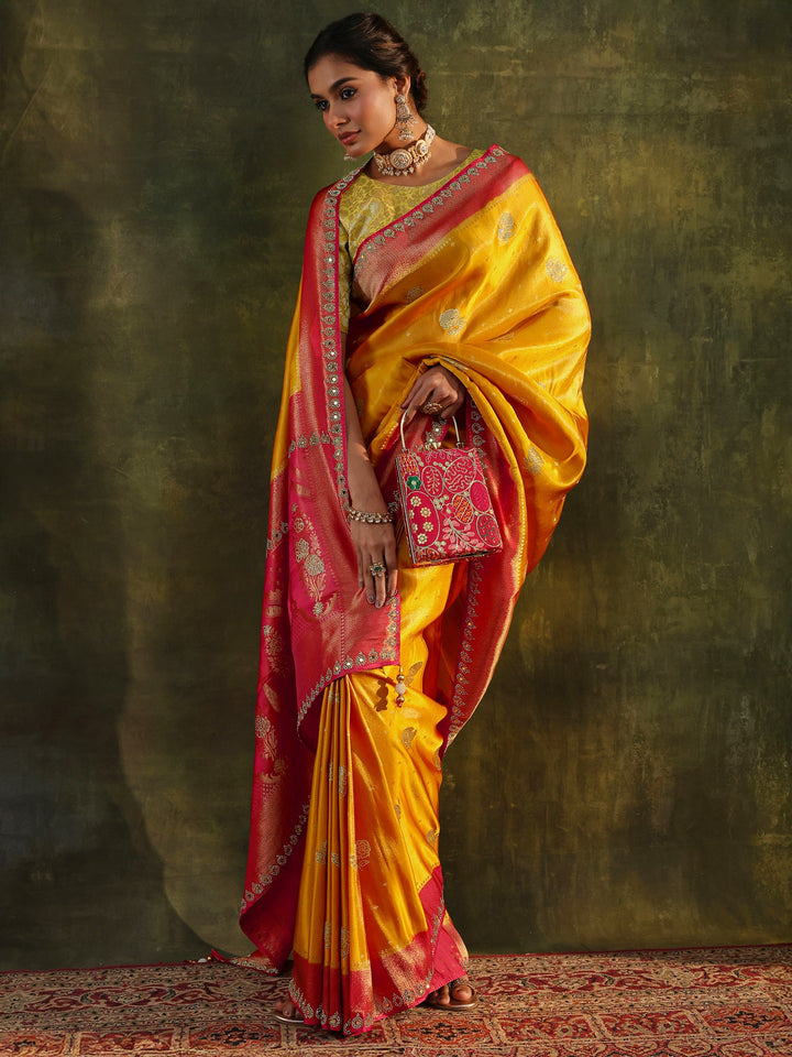 Libas Art Mustard Embellished  Silk Blend Saree With Unstitched Blouse Piece