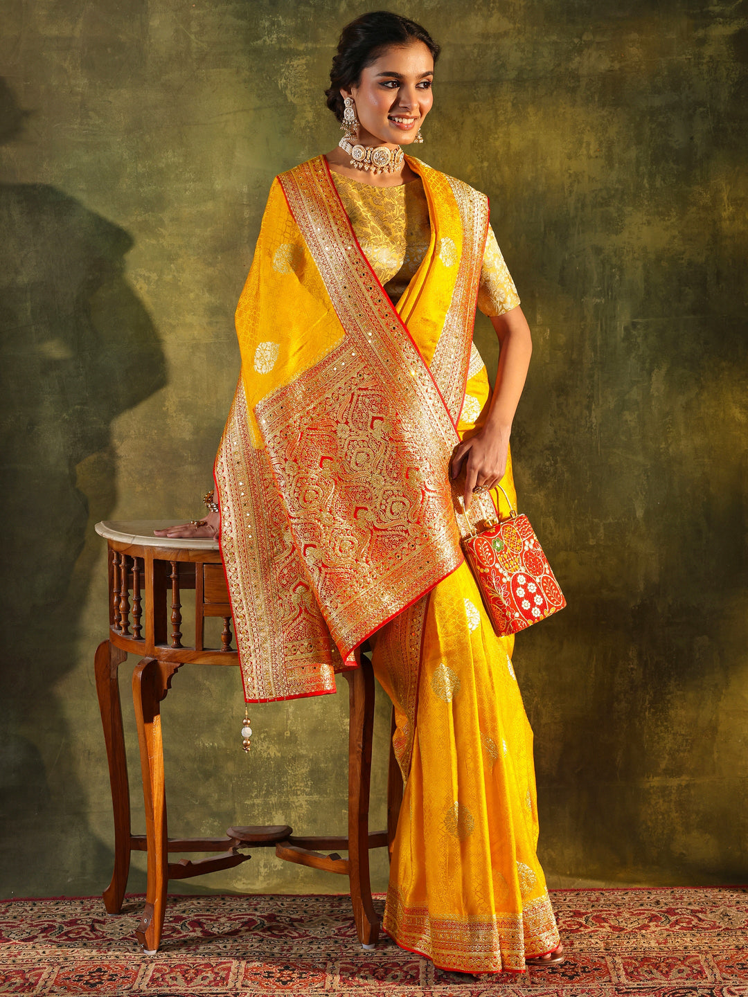 Libas Art Mustard Embellished  Silk Blend Saree With Unstitched Blouse Piece