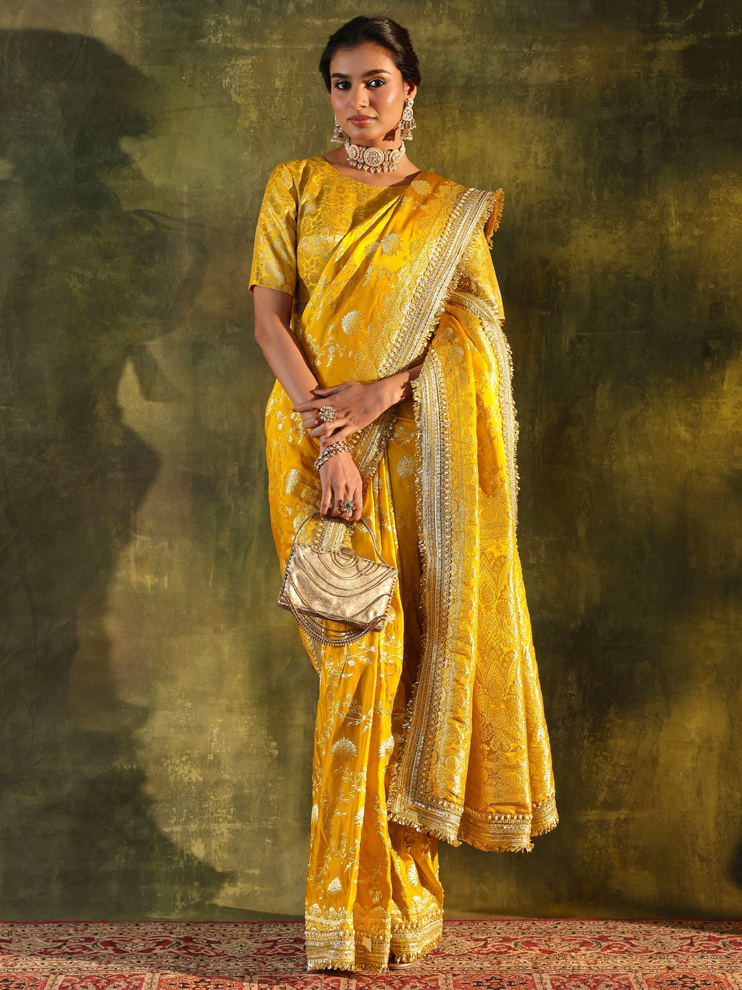 Libas Art Mustard Embellished Woven Design Silk Saree With Unstitched Blouse Piece