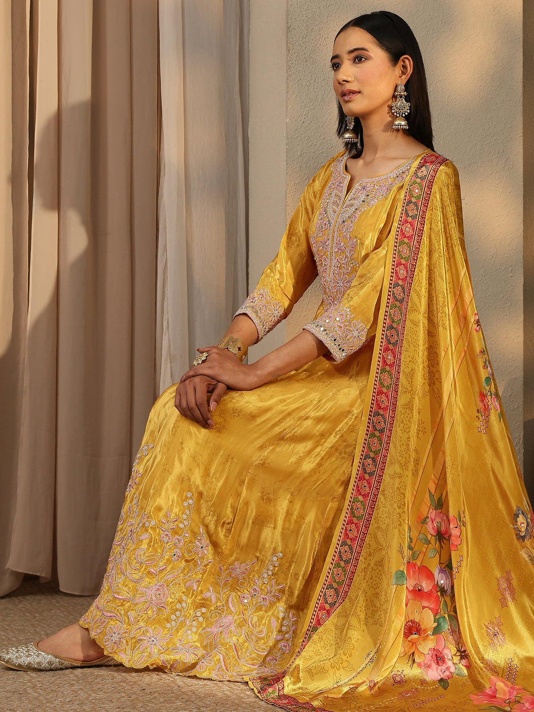 Libas Art Mustard Embroidered Crepe Anarkali Suit Set With Dupatta