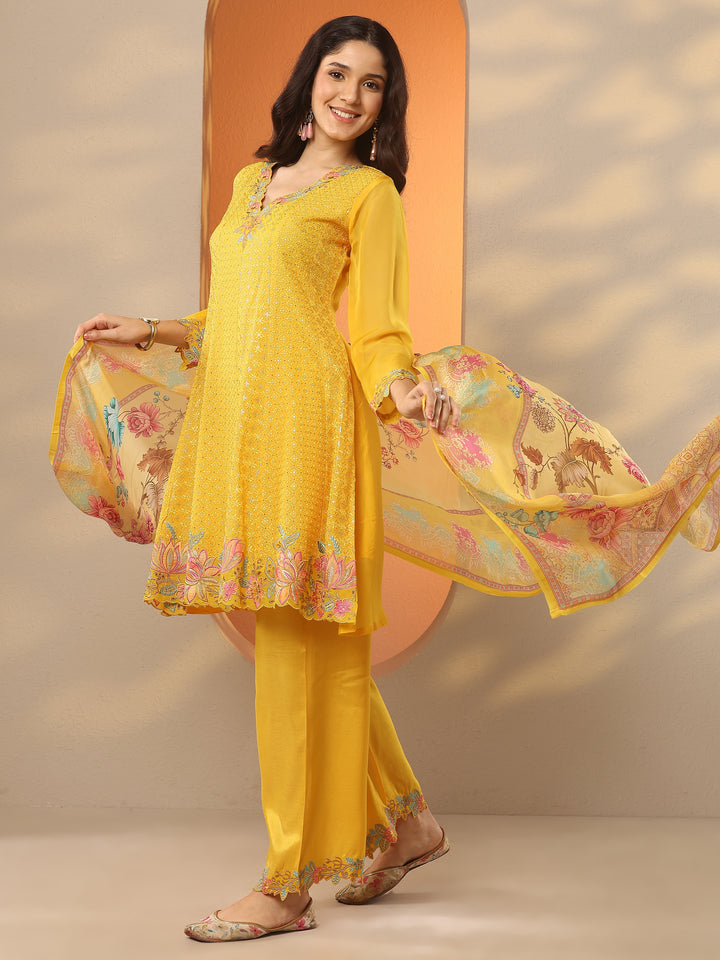 Mustard Embroidered Organza A-Line Suit Set With Dupatta