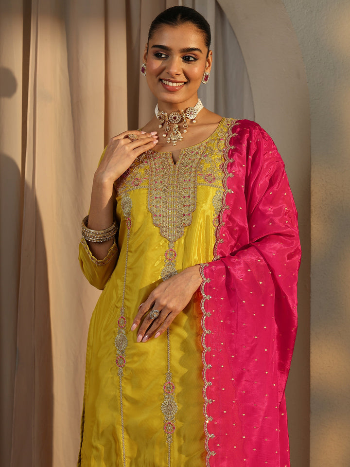 Libas Art Mustard Embroidered Organza Straight Suit Set With Dupatta