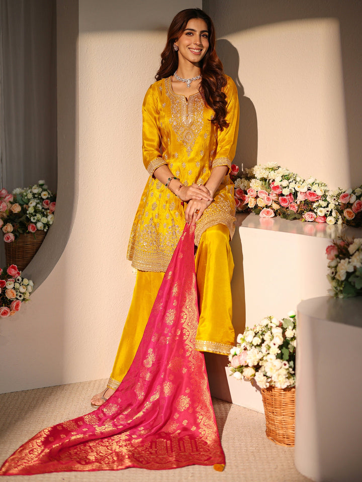 Libas Art Mustard Embroidered Silk Blend A-Line Suit Set With Printed Dupatta