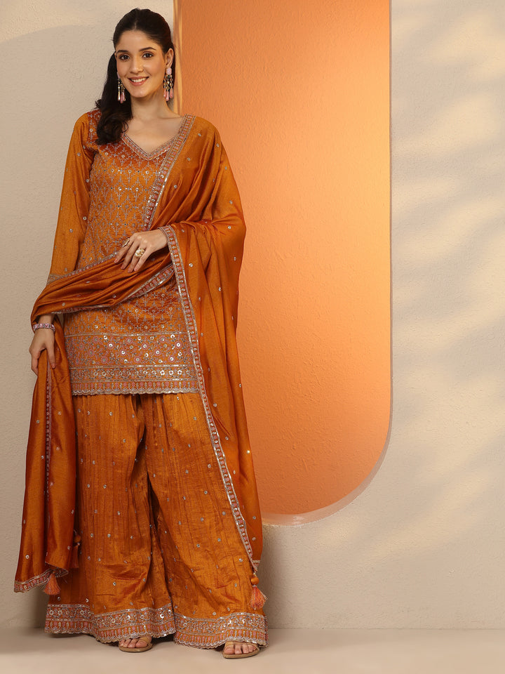 Libas Art Mustard Embroidered Silk Blend Straight Suit Set With Dupatta
