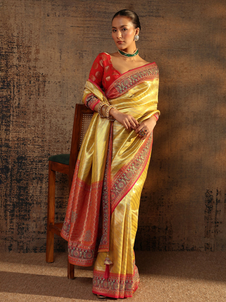 Libas Art Mustard Ethnic Motifs Woven Design Silk Blend Saree With Unstitched Blouse Piece