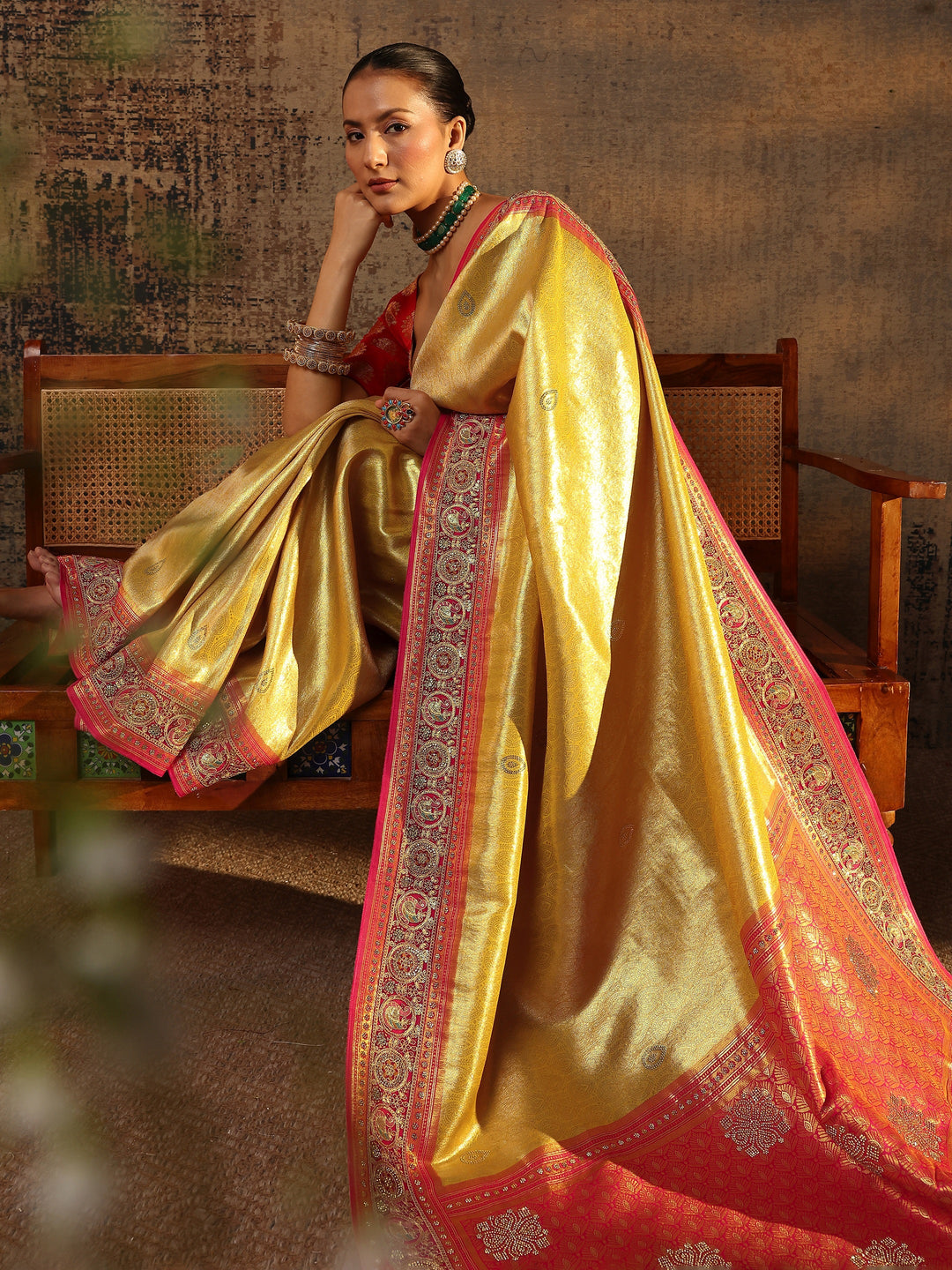 Libas Art Mustard Ethnic Motifs Woven Design Silk Blend Saree With Unstitched Blouse Piece