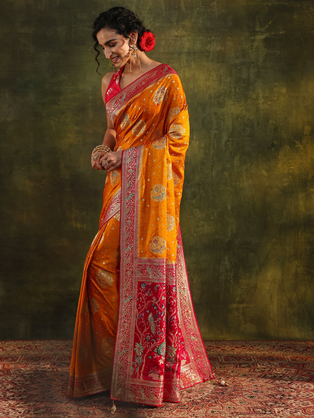 Libas Art Mustard Ethnic Woven Design Satin Saree With Unstitched Blouse Piece