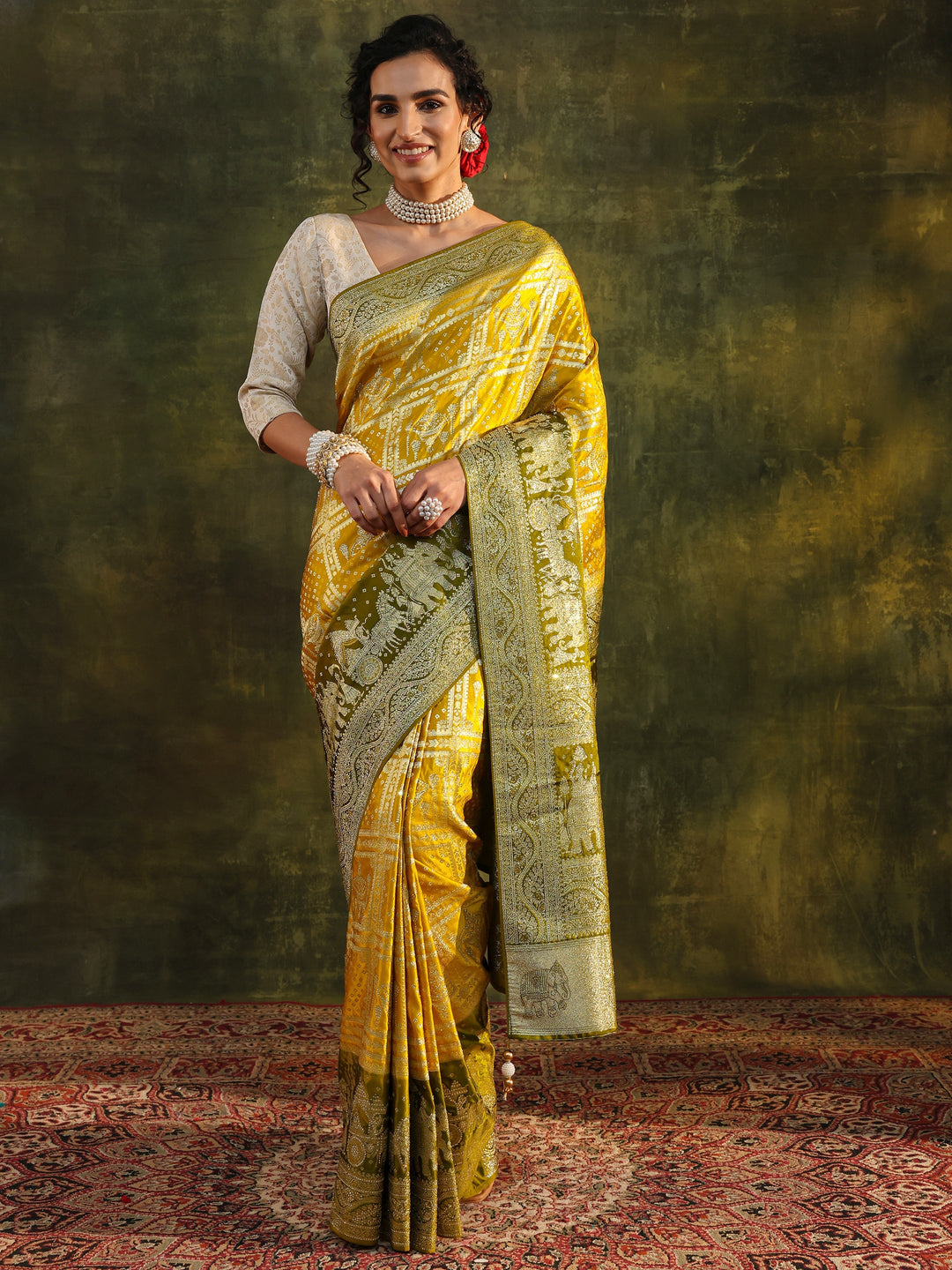 Libas Art Mustard Ethnic Woven Design Satin Saree With Unstitched Blouse Piece