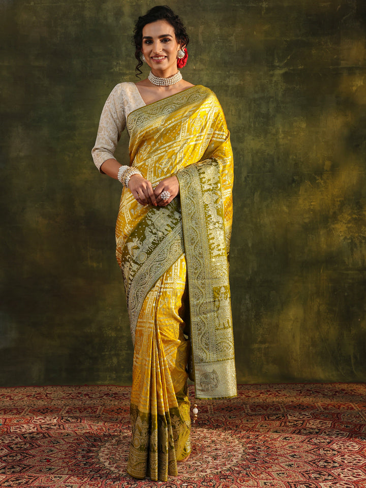 Libas Art Mustard Ethnic Woven Design Satin Saree With Unstitched Blouse Piece