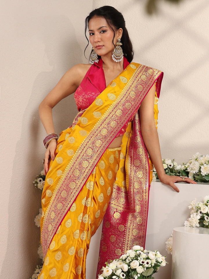 Libas Art Mustard Ethnic Woven Design Satin Saree With Unstitched Blouse Piece