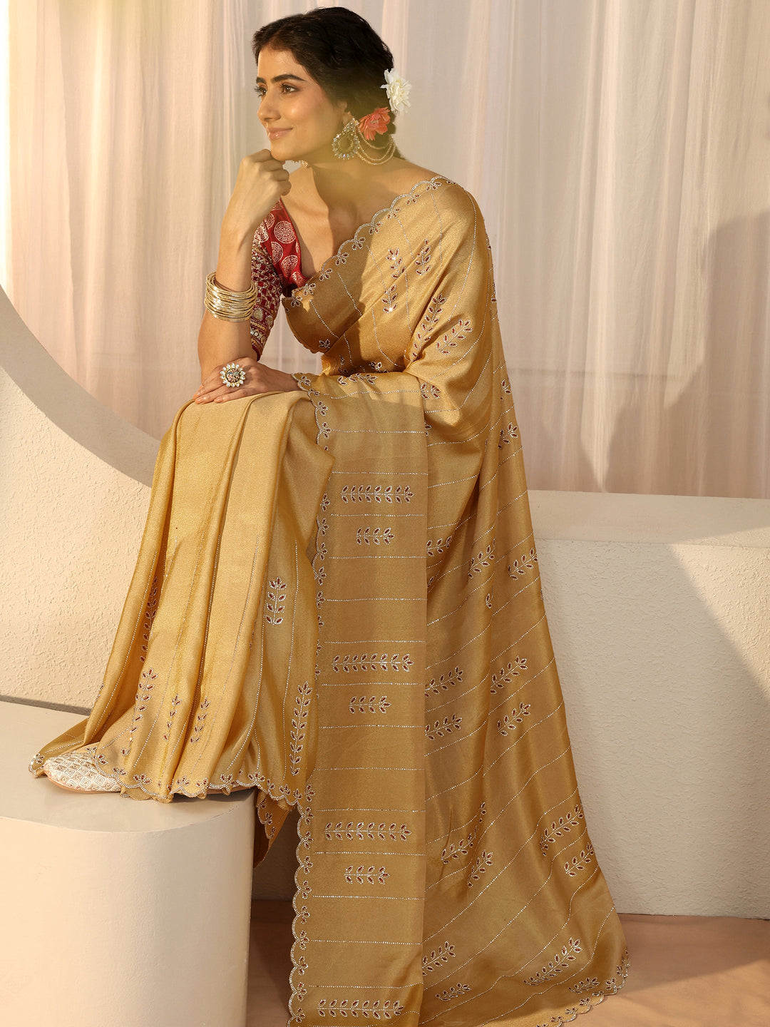 Libas Art Mustard Floral Embellished Satin Saree