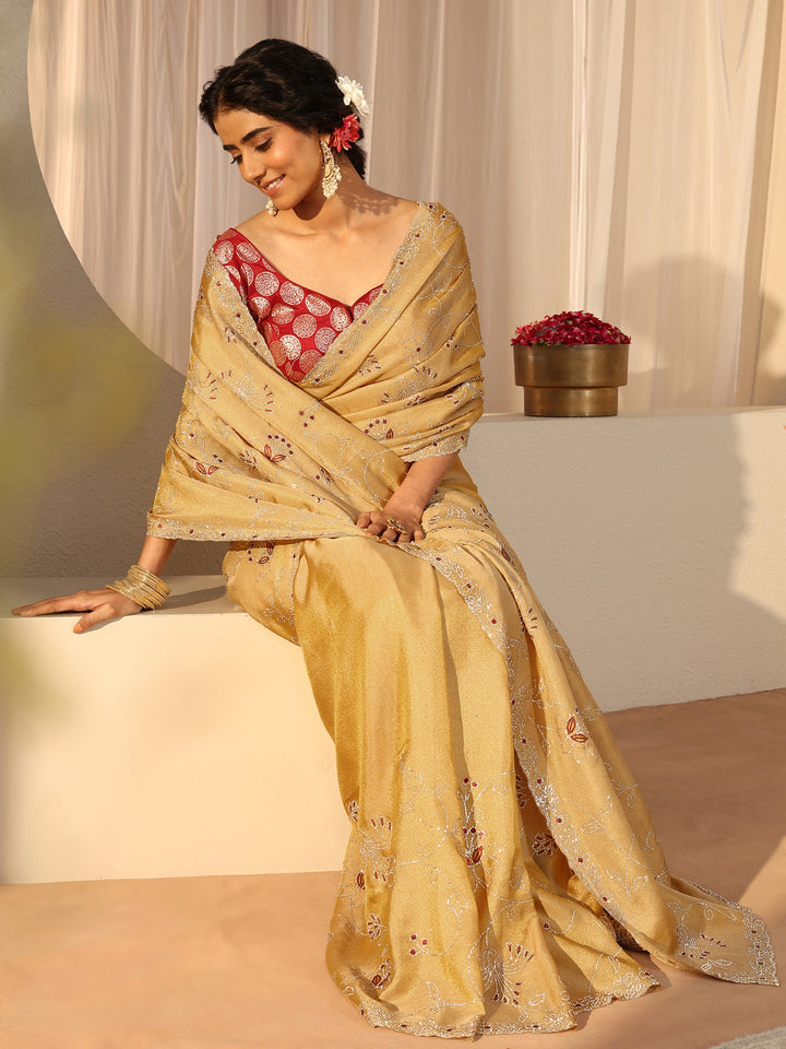 Libas Art Mustard Floral Embellished Satin Saree