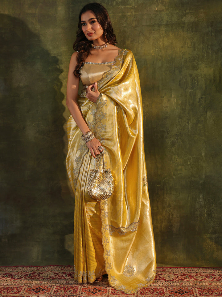 Libas Art Mustard Floral Embellished Silk Blend Saree With Unstitched Blouse Piece
