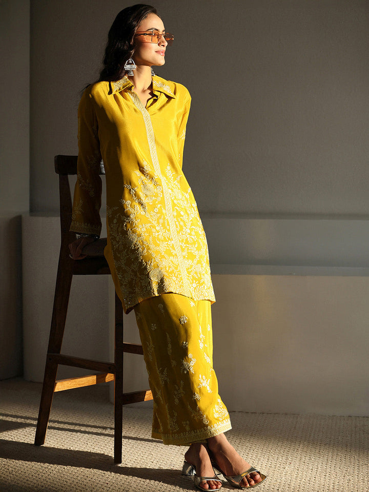 Libas Art Mustard Floral Embroidered Chinon Co-Ord Set