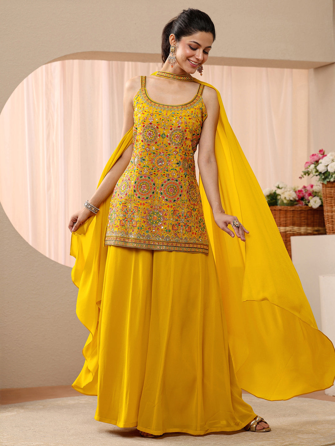 Libas Art Mustard Floral Embroidered Georgette Palazzo Suit Set