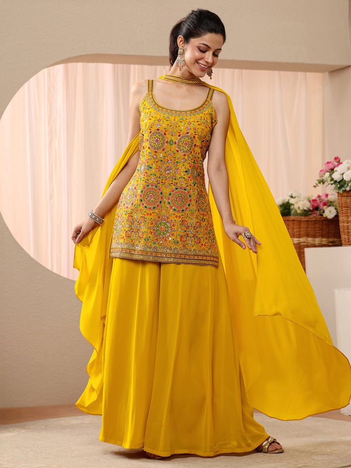 Libas Art Mustard Floral Embroidered Georgette Palazzo Suit Set