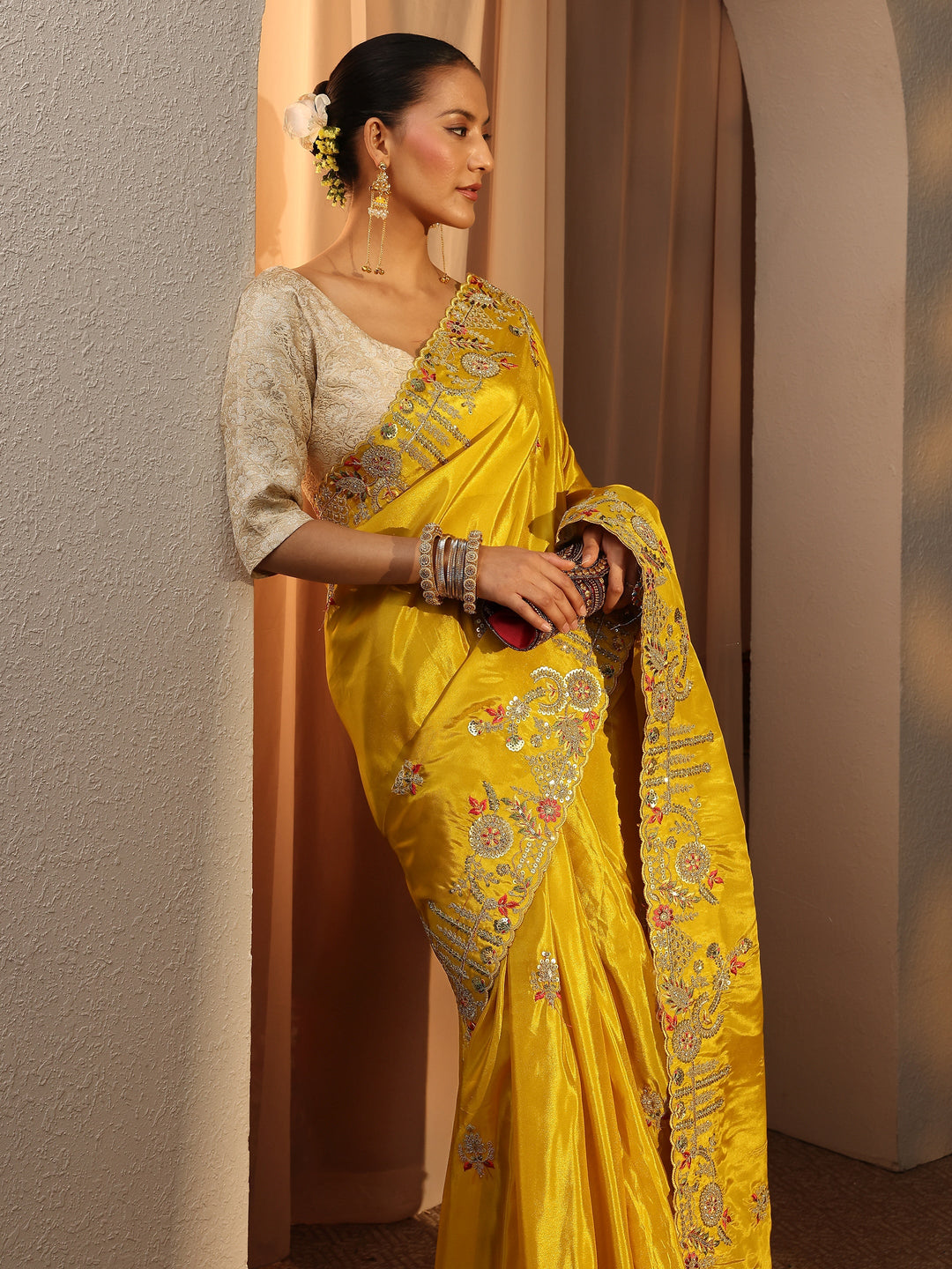 Libas Art Mustard Floral Embroidered Tissue Saree With Unstitched Blouse Piece