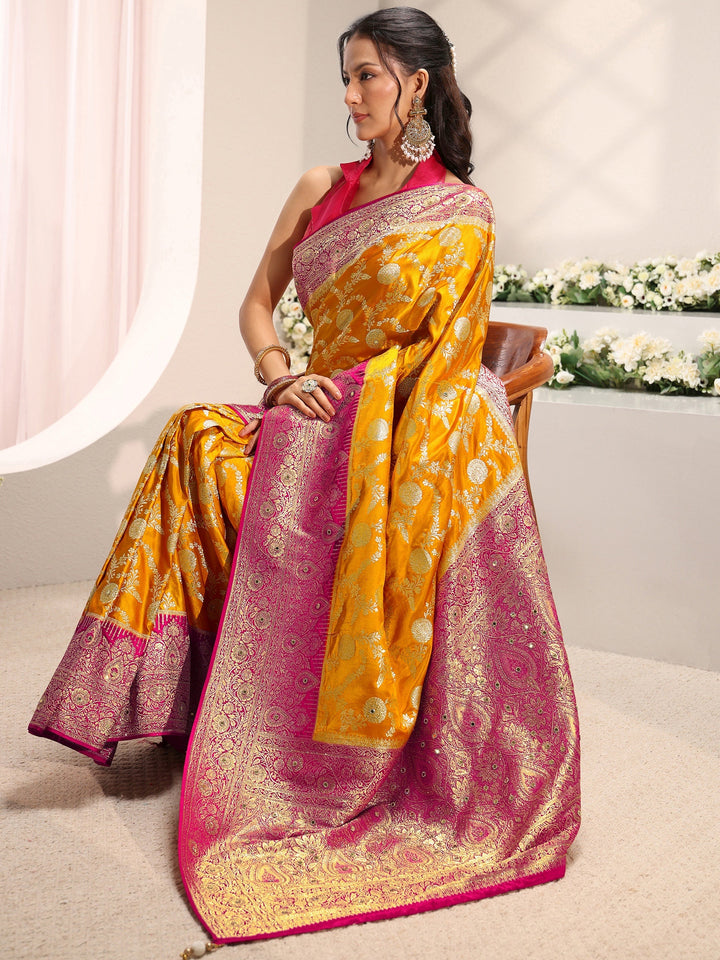 Libas Art Mustard Floral Woven Design Satin Saree With Unstitched Blouse Piece