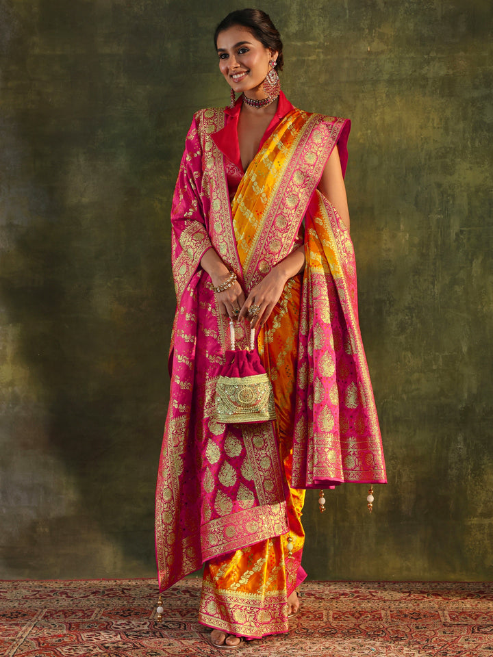 Libas Art Mustard Gharchola Satin Saree With Unstitched Blouse Piece