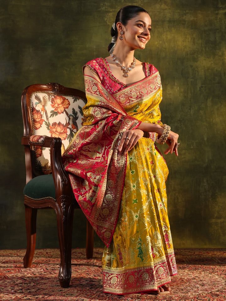Libas Art Mustard Gharchola Woven Design Satin Saree With Unstitched Blouse Piece