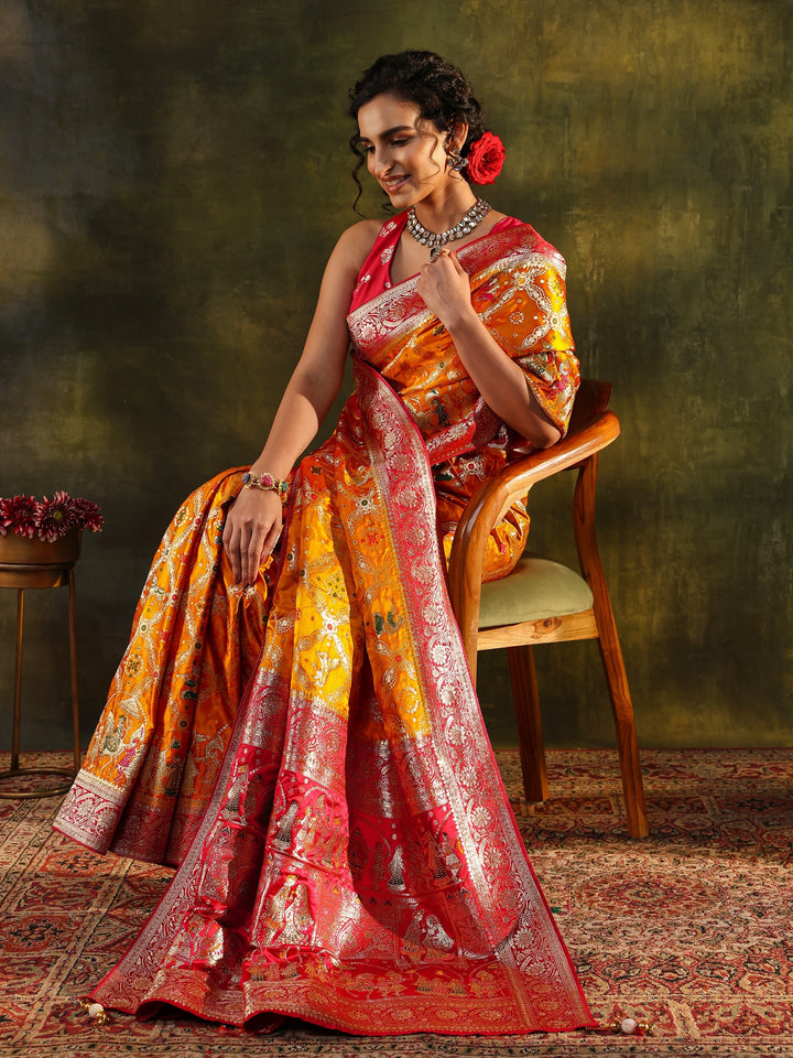 Libas Art Mustard Gharchola Woven Design Satin Saree With Unstitched Blouse Piece