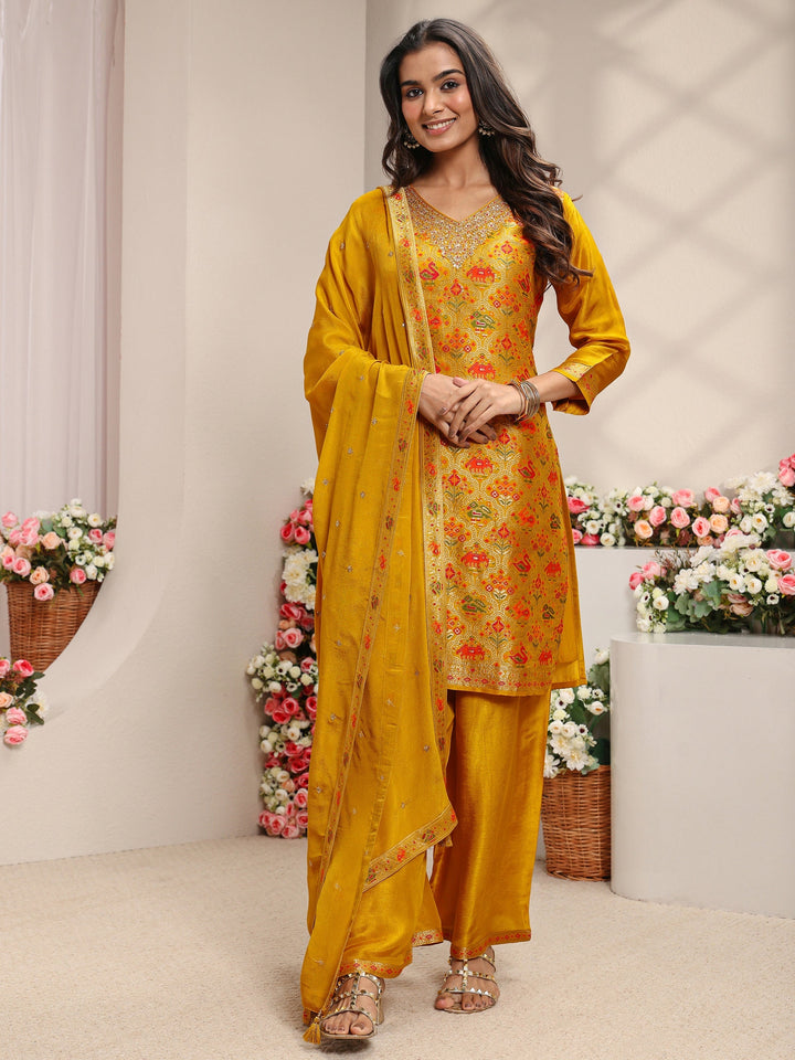 Libas Art Mustard Patola Woven Design Silk Blend Straight Suit Set With Dupatta