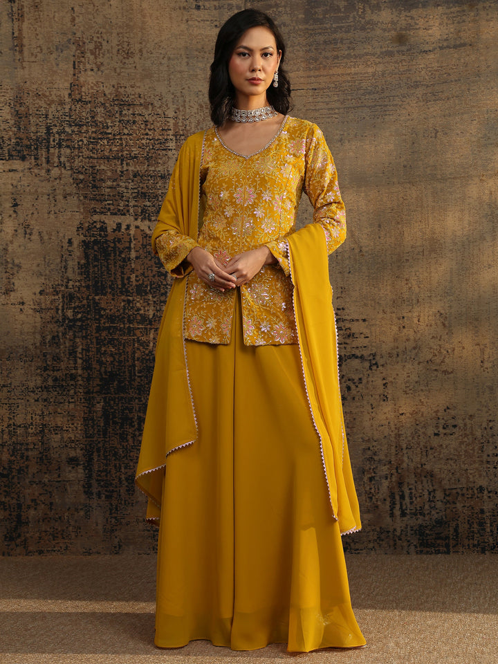 Libas Art Mustard Printed Cotton Blend A-Line Suit Set With Dupatta