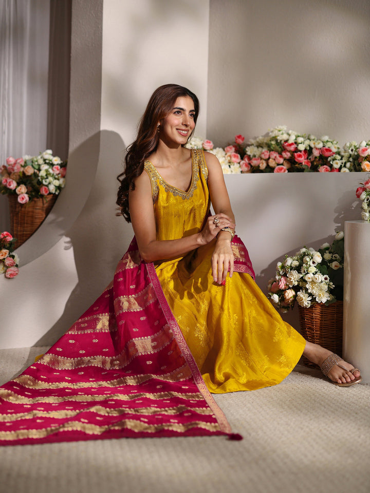 Libas Art Mustard Woven Design Silk Blend A-Line Suit Set With Contrast Dupatta