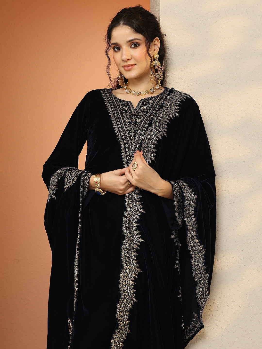 Libas Art Navy Blue Embroidered Velvet A-Line Suit Set With Dupatta