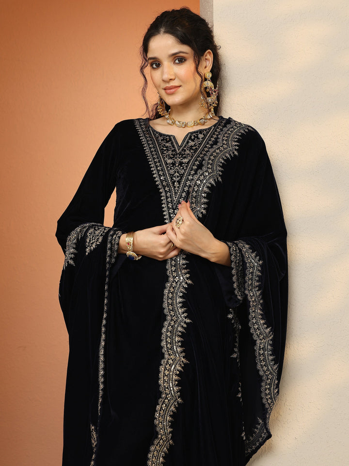 Libas Art Navy Blue Embroidered Velvet A-Line Suit Set With Dupatta