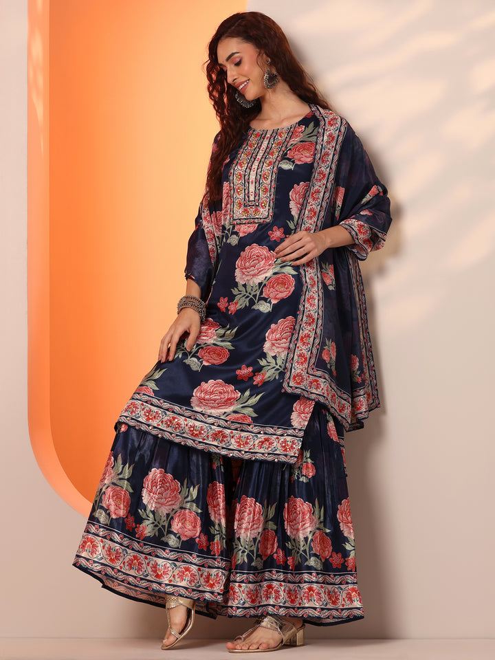 Libas Art Navy Blue Printed Chinon Straight Suit Set With Dupatta