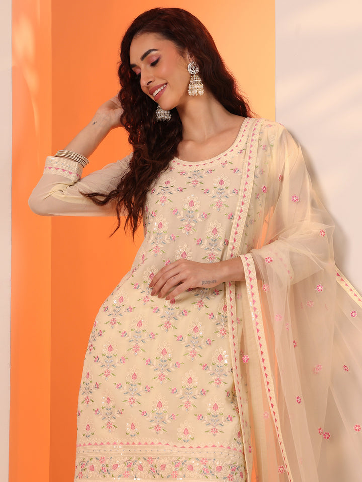 Libas Art Off White Embroidered Georgette Straight Suit Set With Dupatta