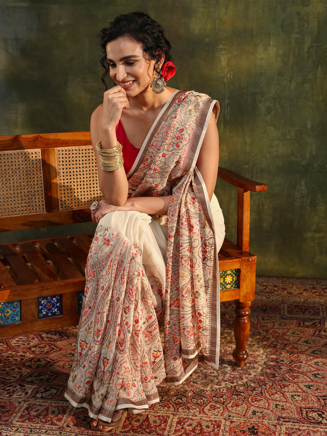 Libas Art Off White Jamawar Embroidered Georgette Saree With Unstitched Blouse Piece