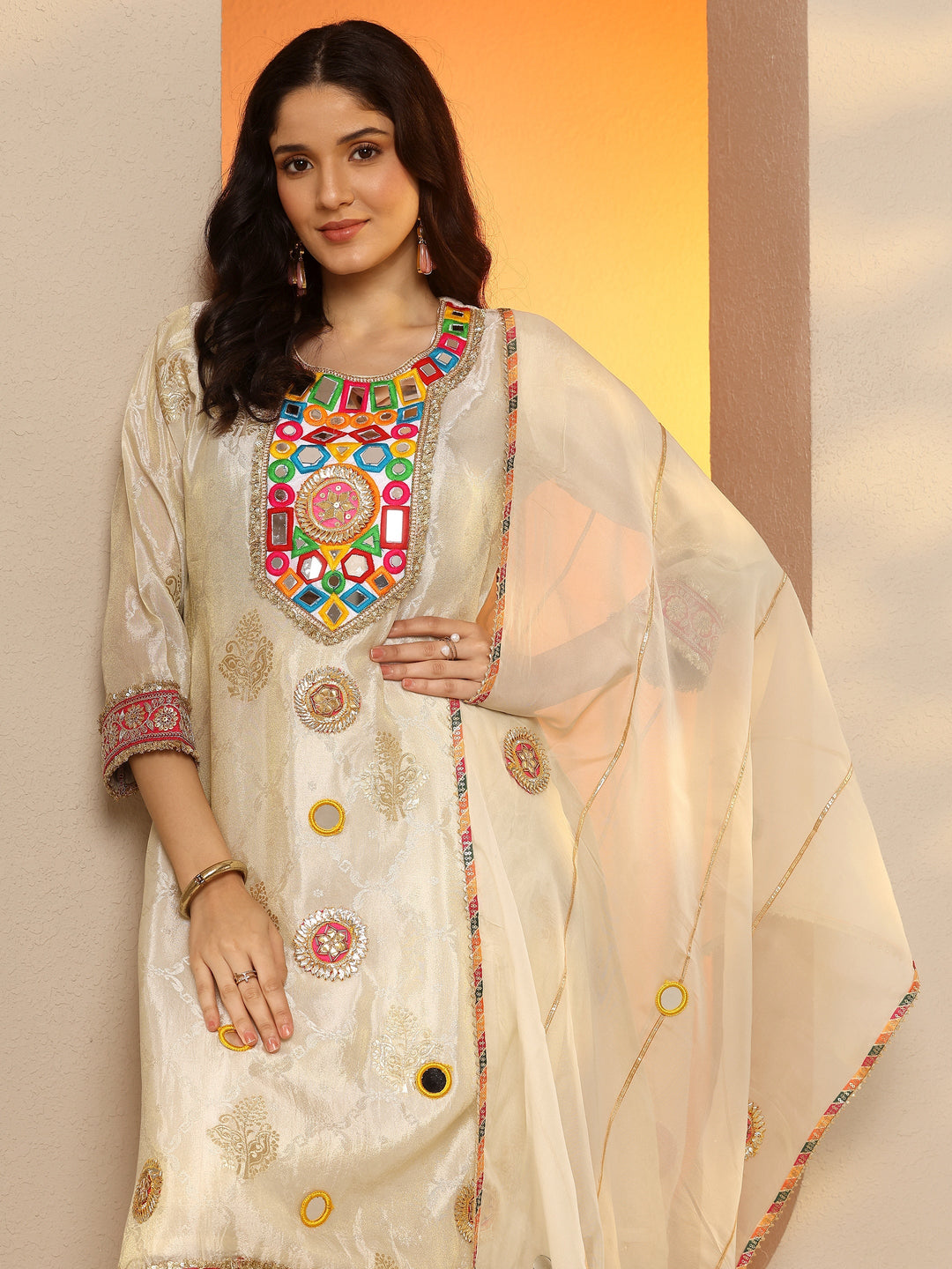 Libas Art Off White Woven Design Silk Blend Straight Suit Set With Dupatta