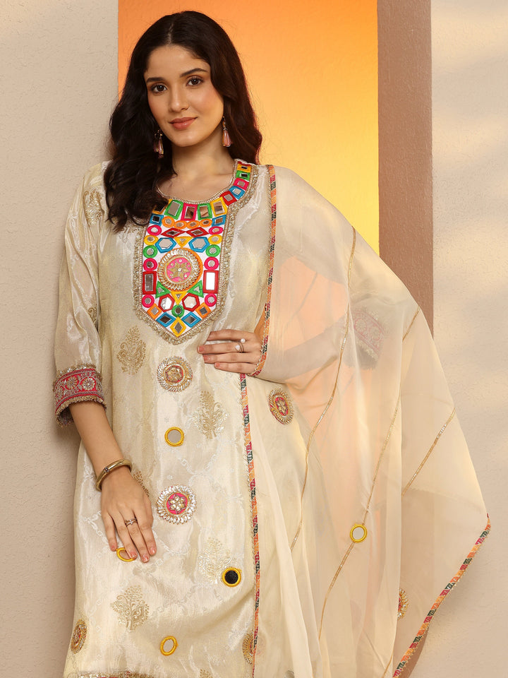 Libas Art Off White Woven Design Silk Blend Straight Suit Set With Dupatta