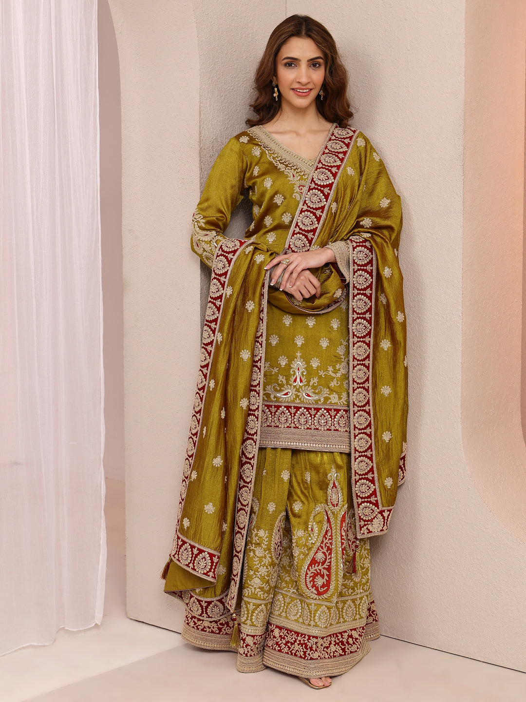 Libas Art Olive Embroidered Chinon Straight Suit Set With Dupatta